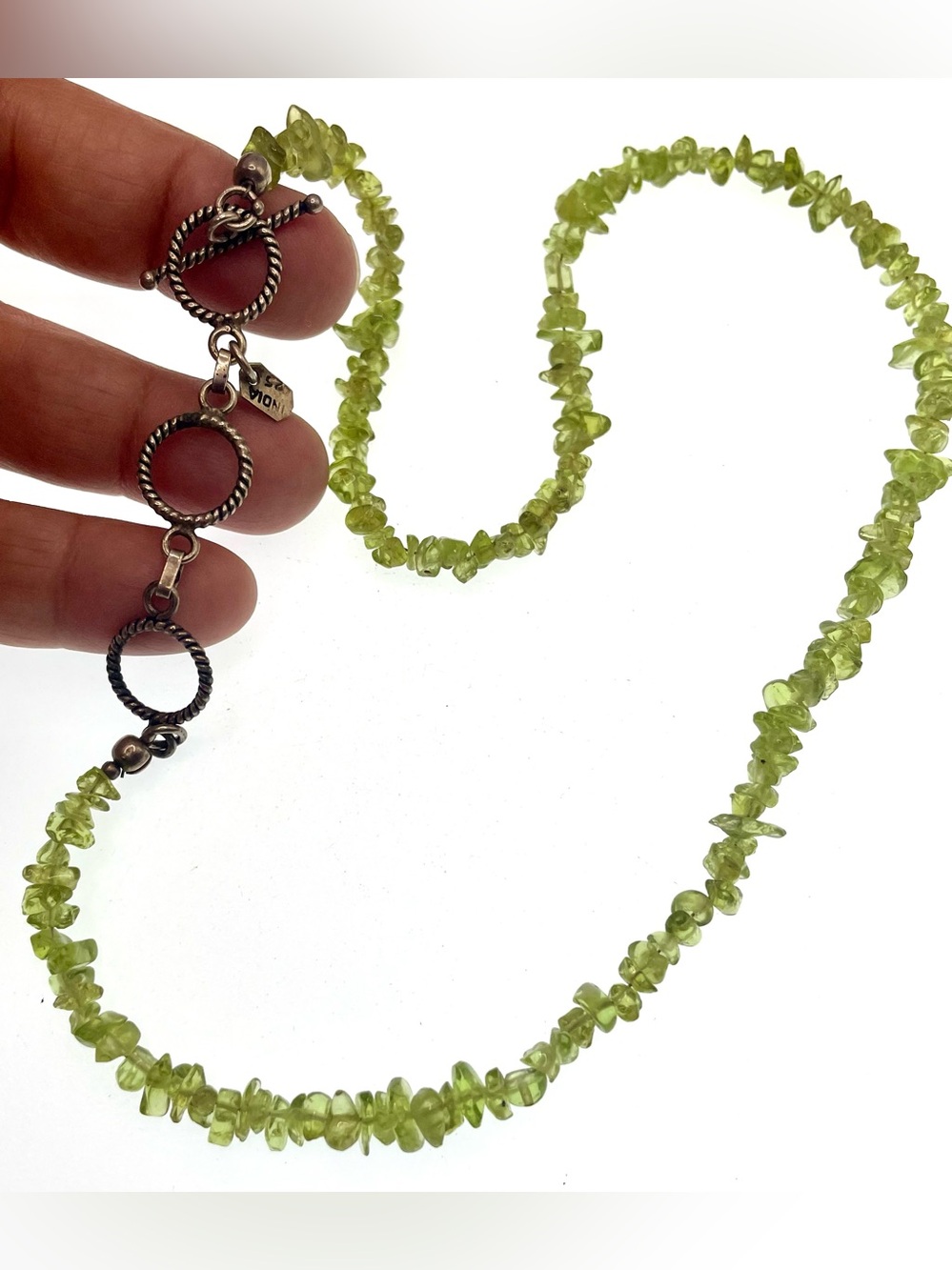 Y2K Peridot Chip Bead Necklace 925 Sterling Silver India 19.5”Genuine Adjustable
